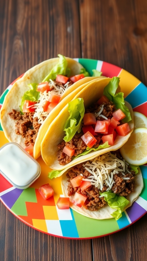 A plate of ground beef tacos topped with lettuce, tomatoes, and cheese, served with salsa and sour cream.